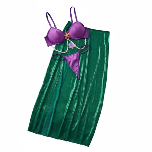 House Of Dasein Cute Girl Sweet And Sexy Beaded Chain Strap Forked Long Skirt Separated Lingerie Set - Violet - S