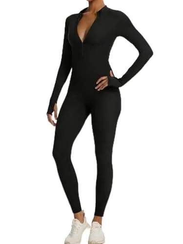 Long-sleeve Zip-up Bodysuit for Yoga, Workout, and Everyday Versatile Wear, S (Black)