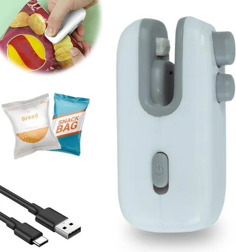 Mini Bag Sealer, 4 in 1 Bag Cutter and Sealer, USB Rechargeable, Portable, Blue