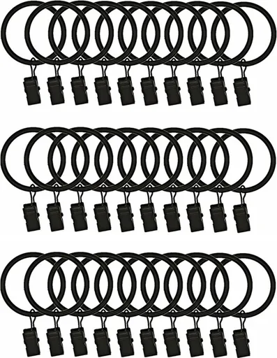 30 Pieces Curtain Rings with Clips - Curtain Rings - Thicker - 32mm - Stainless Steel - Shower Curtain Rings - Curtain Hooks - Curtain - Shower Curtain - Hooks - High Quality - Black - Value Pack