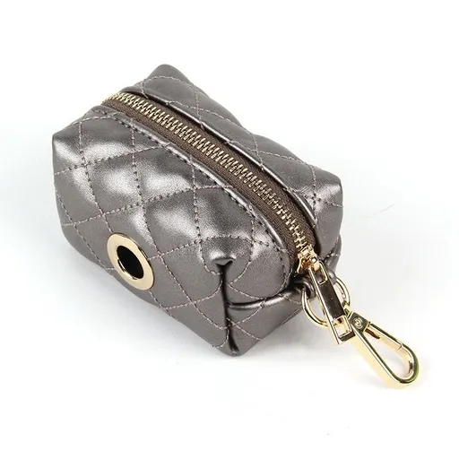 Luxury Dog Walking Organizer Pouch with Heart Quilting, PU Leather Poop Bag Dispenser and Key Holder, Compact Cube Design with Premium Gold Hardware for Everyday Pet Outings (Macha Brown)