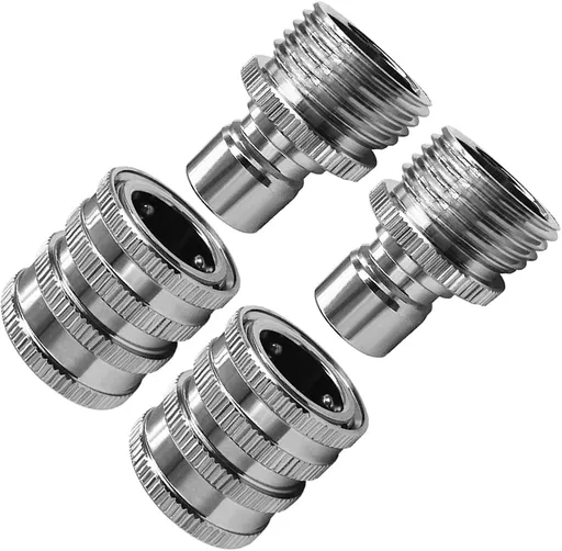 Stainless Steel Garden Hose Quick Connect Fittings 3/4 Inch GHT Set of 2 Plated Brass Nickel Finish