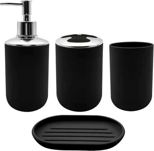 Set 4 Pcs Green Bathroom Accessories,Cute Bathroom Decor,Plastic Soap Dispenser and Toothbrush Holder Set,Soap Dish and Mouthwash Cup Black
