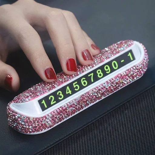 Rhinestone Hidden Temporary Parking Number Plate for Car Dashboard, Bling Crystal Phone Number Display with Magnetic Fluorescent Digits, Privacy Protection Auto Accessory for Women Men (Pink)