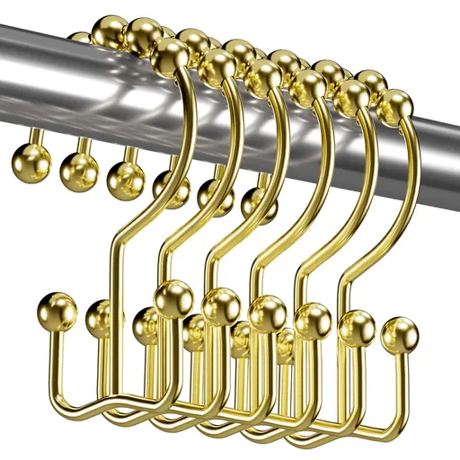12PCS Gold Shower Curtain Hooks Rings, Rust-Resistant Metal Double Glide Shower Hooks Rings for Bathroom Shower Curtains Rods