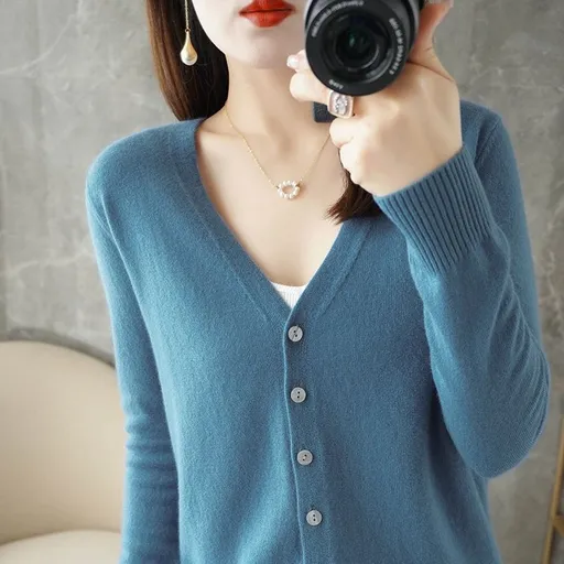 Women V Neck Knitted Cardigan Long Sleeve Sweater haze blue Size: S; Height (cm): 155-160; Weight (kg): 45-50; Bust (cm): 82-86; Waist (cm): 66-70; Shoulder width (cm): 37; Length (cm): 58
