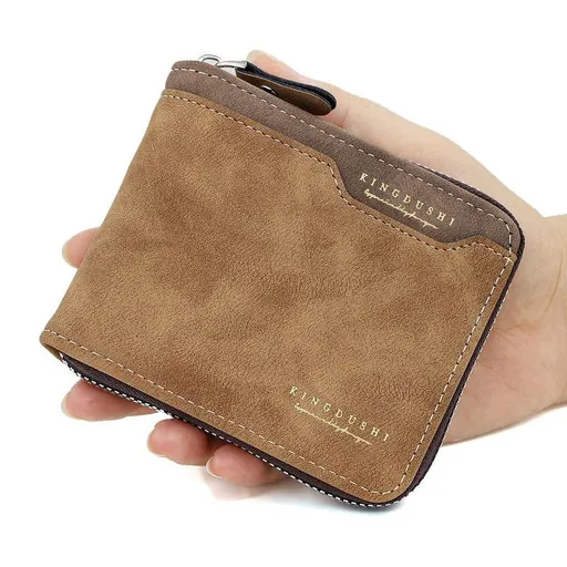 Men's Tri-fold Zip-Around Wallet, PU Leather Purse with Snap Coin Pocket & ID Photo Slot, Multi-Card Slots Business Casual Short Billfold (Brown)