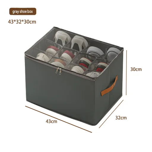 Gray Foldable Shoe Storage Box with Dustproof Clear Top Window, 12 Grid Dividers & Handle - Moisture Resistant Oxford Shoe Organizer, Free Installation and Compact for Closet Bedroom Home Storage