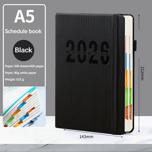 2026 Weekly Planner Notebook, Daily Planner Hardcover Calendar with Tabs and Pen Strap, 200 Pages Journaling Notebooks Daily Time Management Plan for Office Work(Purple) Black