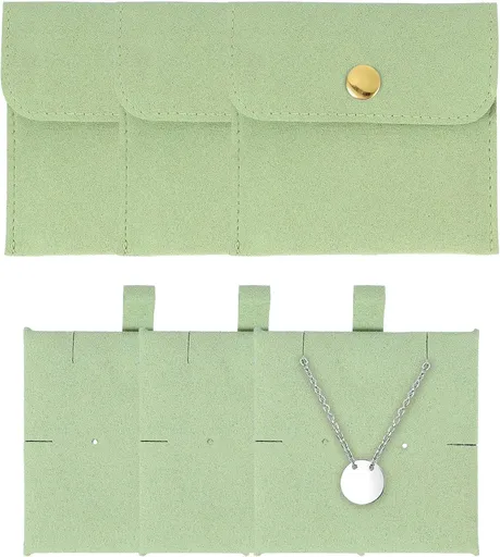 3 Pcs Microfiber Jewelry Pouches with Insert Pad, 8 x 8cm Snap Button Jewelry Velvet Gift Bags Organizer for Rings Necklace Bracelet, Light Green