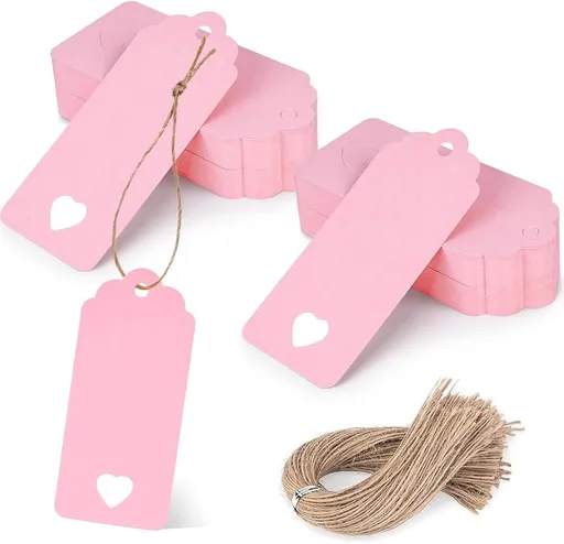 80PCS Gift Tags with String Attached, 3.5 x 1.5 Inches Pink Heart Gift Tags with String for Wedding, DIY Crafts
