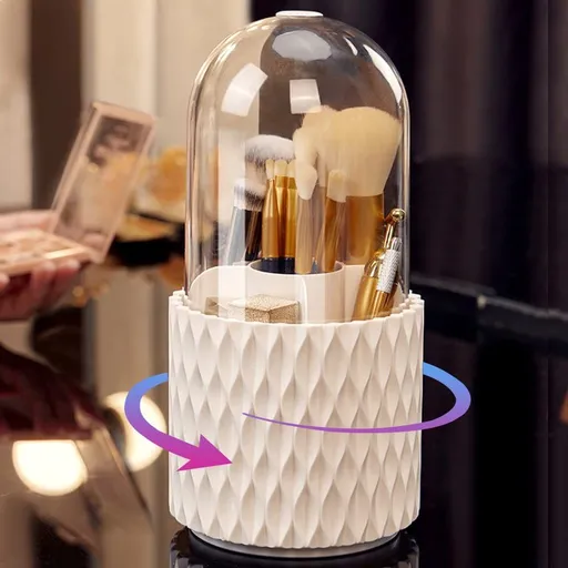 Makeup Brush Holder with Lid ， 360 Rotating Cosmetics Make up Brush Organizer Storage for Vanity，Dustproof & Waterproof