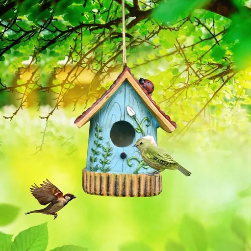 Resin Hanging Bird House for Outside, Decorative Hummingbird Nest Hut with Floral & Ladybug Design, Weatherproof Garden Yard Decor for Wild Birds, Blue