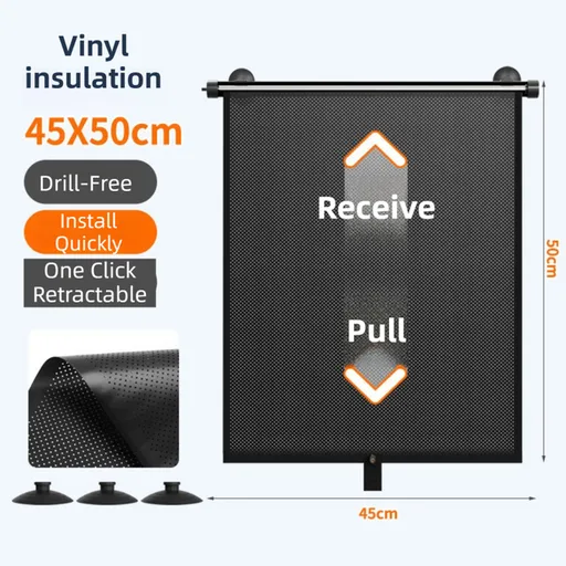 1 Pair Retractable Car Side Window Sun Shade (45 x 50CM) - 6 Layer Vinyl Insulation Reflective Roller Blinds, One Click Auto Rewind, One-Way Privacy, Universal Suction Cup & Velcro Fit