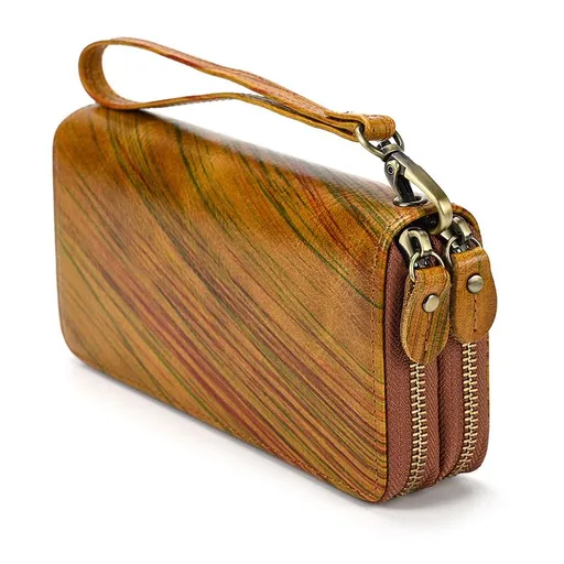 Wood Grain Color Block Top Grain Leather Double Zip Long Wallet, Vintage Genuine Leather Clutch, Large Capacity Bi-Fold Men's Wallet with Leather Wrist Strap