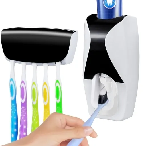 Automatic Toothbrush Dispenser Wall Mount Toothpaste Squeezer and Toothbrush Holder Set for Kids Family Bathroom Use (Black)