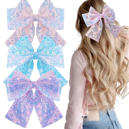 Glitter Hair Bows with Tails Sparkly Layered Sequin Bow Hair Clip Barrette Teens Toddler Cheerleader Girls Women outfit Back School Uniform Decor Accessories Gift