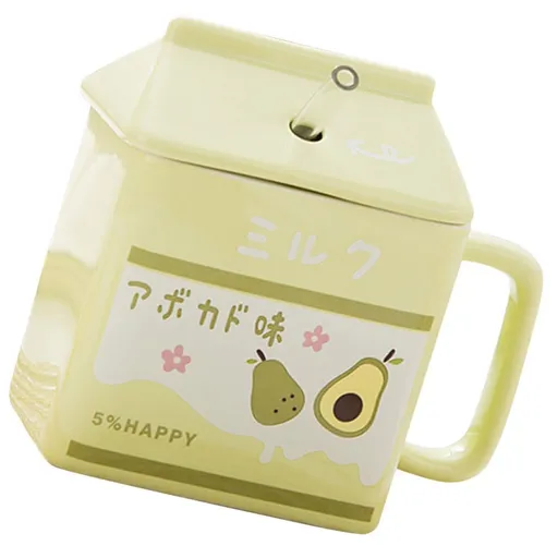 Milk Carton Coffee Cup (390ml) Tea Juice Milk Chocolate Cappuccino with Glass Straw Perfect Holiday Gift Latte Mug (Green)