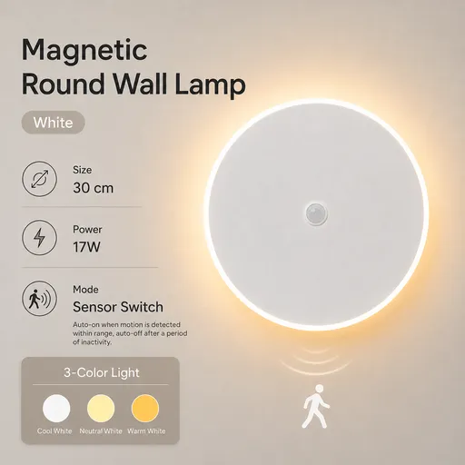 Magnetic Round LED Wall Lamp, Hardwired, White 30cm, Motion Sensor, 3 Color Lighting, Modern Disc Wall Sconce
