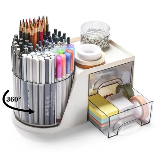 Rotating Desk Organizer with 2 Drawer, Pencil Pen Holder, Desk Organizers and Accessories with 4 Compartments + Drawer (White)