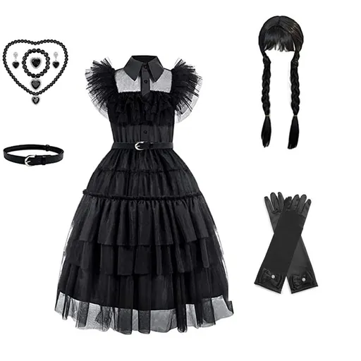 Girl's dress cosplay Wednesday Brigitte princess dress lace details puff sleeves children Wednesday 9pcs 140