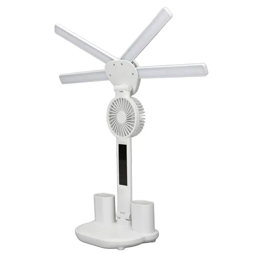 4 Arms Foldable Desk Lamp with Fan Rechargeable 3 Colors Adjustable LED Desk Lamp with Digital Display and Pen Holder for Study Reading