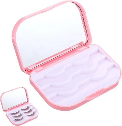 Eyelash Storage Case, 3 Layer Lash Case Makeup Storage Box with Makeup Mirror Empty Travel Cases Cosmetic Organizer Box Fake Eyelash Container Lash Packaging (Pink)
