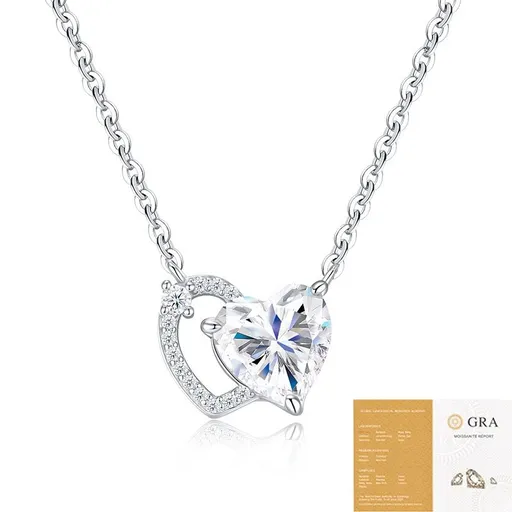 Elegant Dual Heart Moissanite Pendant Necklace in Sterling Silver, Featuring a Sparkling 8x8mm Eight Hearts and Arrows Cut Center Stone, with 14 Genuine Moissanite Gems, Adjustable 40+5cm Chain, Perfect for Daily Wear and Romantic Gifting Moments (Mo