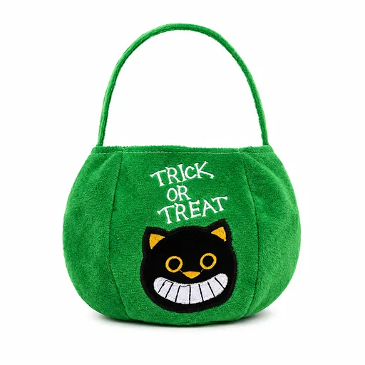 Green bag with black cat design - Plush Halloween Trick or Treat Candy Bag - Polyester Tote with Embroidered Face, Lightweight Portable Goody Pouch for Party Favors and Trick or Treating