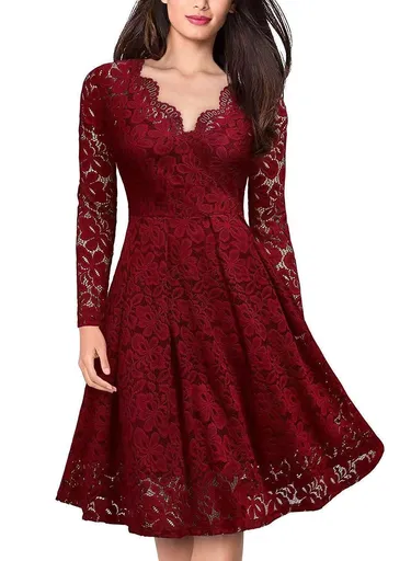 Long Sleeve Lace Dress V-Neck Dress Flared Dress Women'S Formal Dress Elegant - Red - Size L