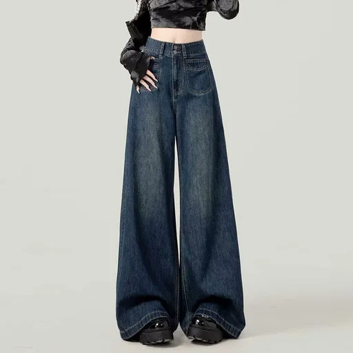 Vintage Blue Size 3XL | Retro High Waist Straight Jeans | Halloween Stretchy Inclusive Gift | Double Button Flesh Covering Loose Wide Leg Trousers