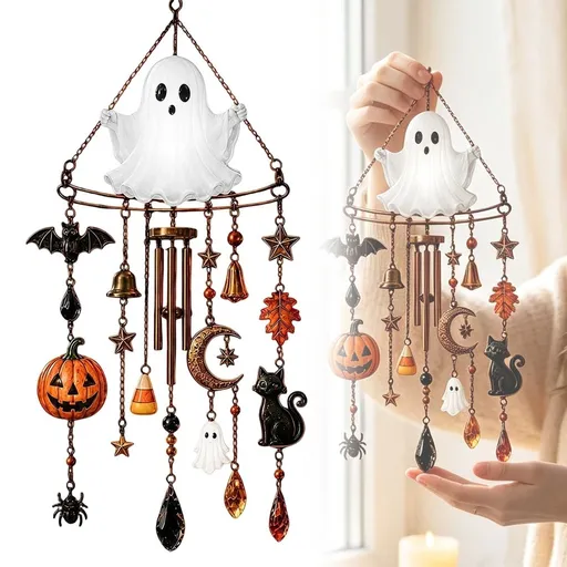 Halloween Wind Chime Lighted Hanging Decor with Bells, Outdoor Halloween Decorations with Pumpkin Bat Black Cat Design, Front Porch Patio Garden Tree Yard Hanging Ornament for Holiday Party