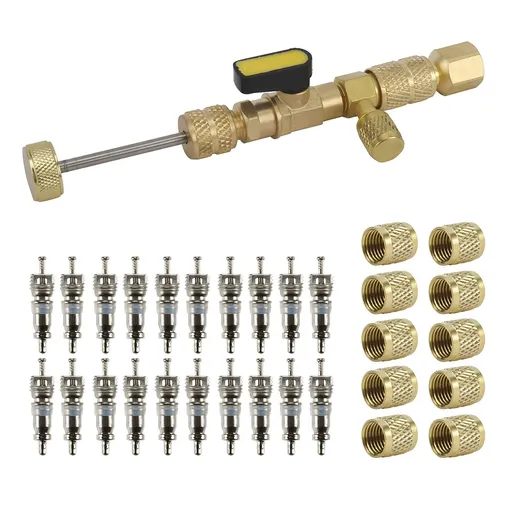 Valve Core Removal Tool, Brass Adapter, 20pcs Valve Cores and 10pcs Brass Nuts, Air Condition Repair Tool