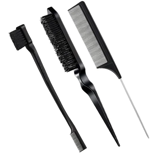 3 Pcs Slick Back Hair Brush Set Bristle Brush Edge Control Teasing Comb for Women Black Hair(Black)