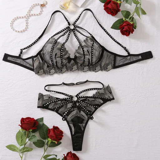 House Of Dasein Lace Embroidery Brings Together Sexy Lingerie And Underwear Set - Black - L