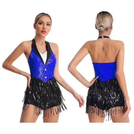 House Of Dasein Womens Jazz Latin Dance Performance Costume Halter Backless Sequins Jumpsuit - Blue - Xl