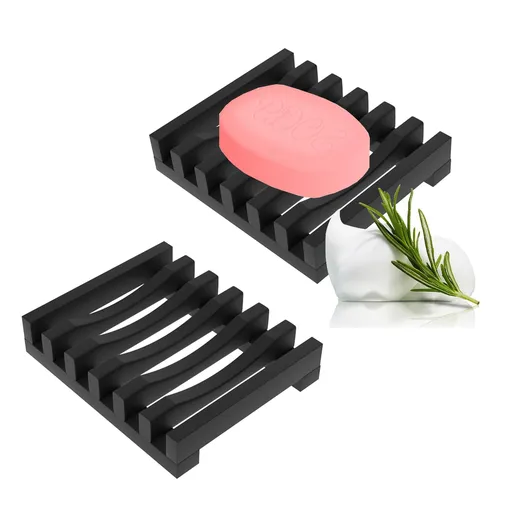 Set of 2 Soap Dishes, Silicone Soap Case Saver, Shower Soap Box, Easy Cleaning, Drying, Sink, Bath Deck (Black)