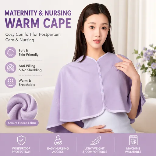 Purple Maternity Nursing Shoulder Wrap Cape – Ultra Soft Sakura Fleece Postpartum Shawl, Windproof Warm Nursing Cover for Breastfeeding, Pregnancy & Winter Comfort