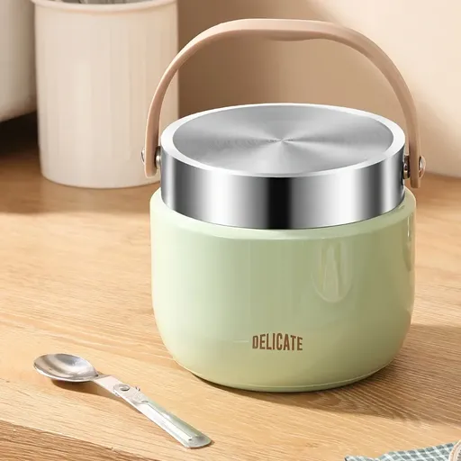 304 Stainless Steel Thermal Food Jar Long Lasting Warmth 6-12H Leakproof with Folding Spoon Commute Outdoor（GREEN）