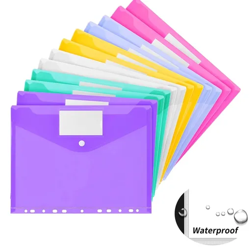 12Pcs Binder Pockets for 2/3/4 Ring,11 Holes Binder Folders,Clear Document Folders,A4 Size Clear Document Envelopes,Snap Button Pouch with Label for Home Work Organization Multi-color
