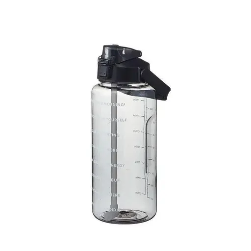 2L Water Bottle Straw Cup Motivational Drink Flask With Time Markings Sports Gym - Black