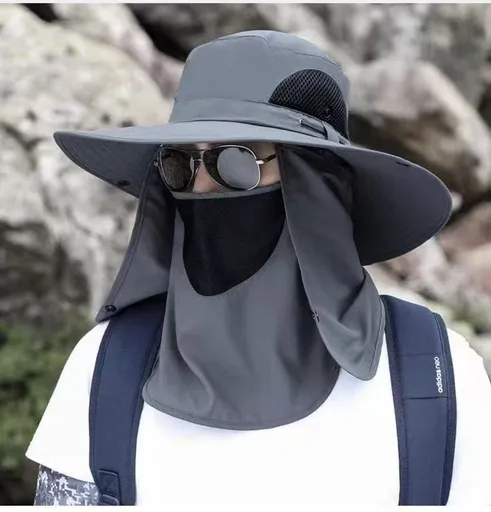 grey，Extra Wide Fishing Hat with Detachable Sun Visor and Neck Guard - The Perfect Choice for Summer Fishing, Hiking, and Outdoor Activities