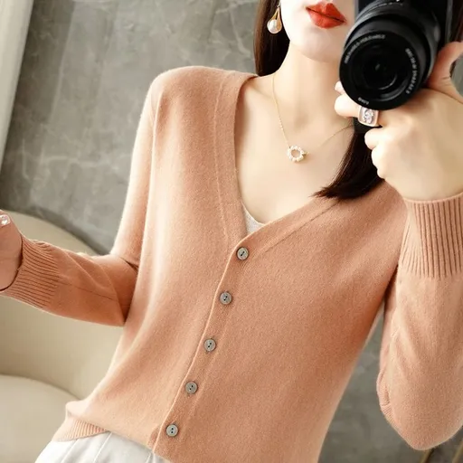 Women V Neck Knitted Cardigan Long Sleeve Sweater Golden Camel M Size: M; Height (cm): 160-165; Weight (kg): 50-55; Bust (cm): 86-90; Waist (cm): 70-74; Shoulder width (cm): 38; Length (cm): 60