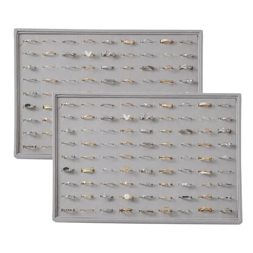 Large Velvet Jewelry Tray Display Drawer Inserts 2 Pack Stackable Jewelry Organizer for Earring Bracelet Necklace Ring Ring 81 Slots - Gray - Size Ring 81 Slots