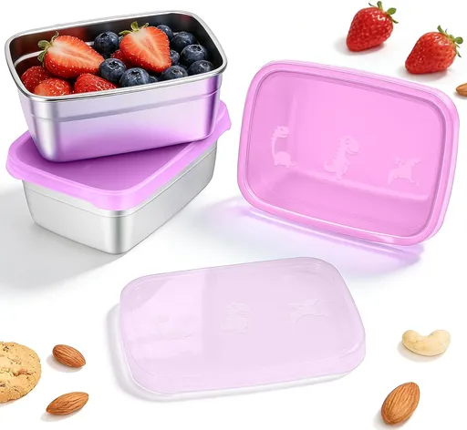 3-Pack Stainless Steel Snack Containers for Kids & Toddlers - 550ml (18oz) Leakproof Colorful Lids with Cute Dinosaurs | LFGB Certified, Stackable l Lunch Box for Daycare, School, Travel