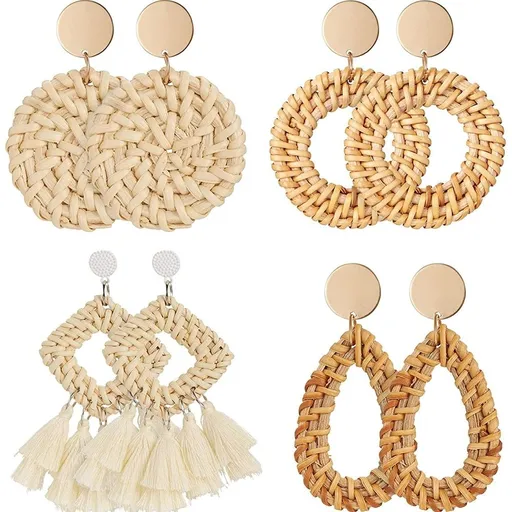 Handmade Woven Drop Earrings, Rattan Earrings For Women,Lightweight Geometric Vintage Earrings,Straw Wicker Braid Drop Earringss