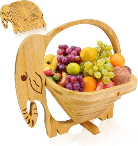 Elephant Shaped Collapsible Bamboo Fruit Basket, Foldable Fruit Bowl Holder & Snack Dry Fruit Storage Basket, Decorative Serving Tray for Kitchen, Holiday Party, Christmas & Halloween Home Decor