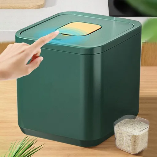Rice Storage Container | Airtight Rice Dispenser with Measuring Cup | 5kg (11lb) Large Capacity Kitchen Food Storage Jar | Press Open Lid with Double Silicone Seals for Flour, Cereal & Dry Goods