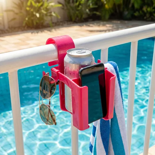 Pink Poolside Cup Holder with Drink & Phone Zone and Hooks - Detachable Pool Rail Organiser, Compact Poolside Storage Accessory