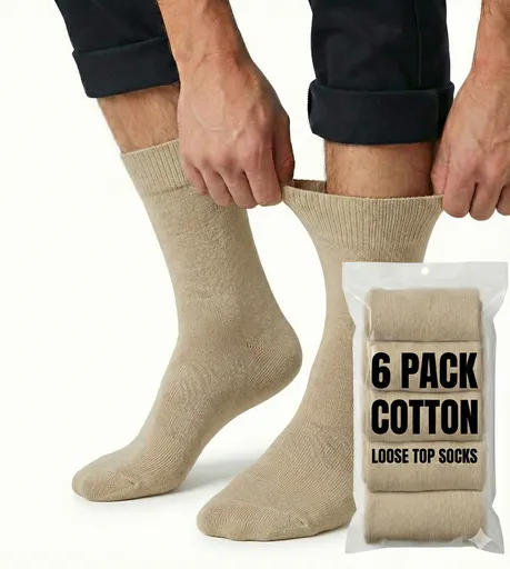 6x Pair COTTON Rich LOOSE TOP SOCKS Circulation Diabetic Comfort in Beige